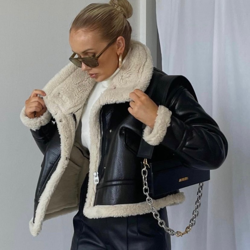 Zara Faux Leather Fleece Collar Jacket size medium